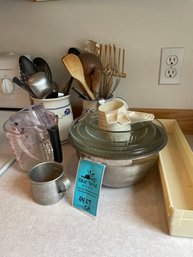 Pyrex Bowls,  Pyrex Measuring Cups, Jane Hallieford Porcelain Containers, And Utensils