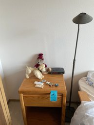 Wooden Nightstand, Steiff Stuffed Dog And Other Stuffed Animals, Lamp And  Alarm Clock