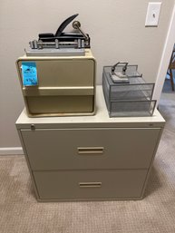 Two Drawer Horizontal Filing Cabinet, Three Paper Hole Puncher, Metal Filing Rack. Located Upstairs