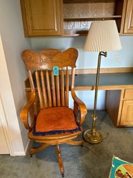 Wooden Swivel Desk Chair And Lamp