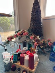 Candles, Candle Holders, Flower Garland, Pine Cone Tree Decor