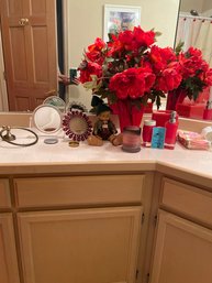 Coordinated Red Bath Decoration. Tissue Holder, Glass Soap Pump, Glass Vase, Artificial Flowers, Hummel Doll
