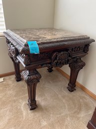 End Table Carved Wood And Marble Top  28in X 28in X 28in (2 Of 2 Matching Lots)