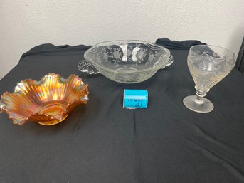 Carnival Glass Bowl, Etched Glass Bowl And Goblet