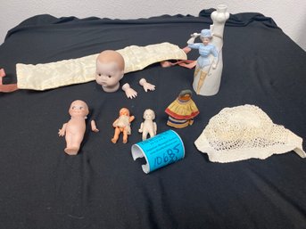 Small Dolls, Baby Bonnet, Ceramic Vase And Doll Parts