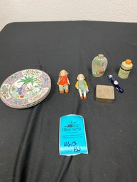 Japanese Nippon Plates, Bisque Dolls, Painted Bottle , Metal Box