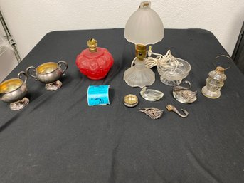 Small Lamps, Sterling Cream And Sugar, Glass Bowl, Glass And Metal Swans