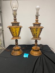 Pair Of Vintage Lamps With Amber Glass