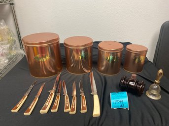 Copper Color Canisters, Vintage Knife Set, Avon Perfume Bottles