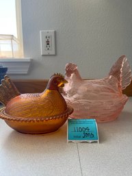 Two Vintage Glass Hens - Pink And Amber