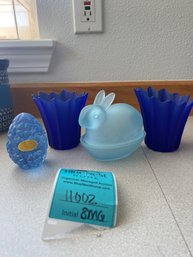 2 Blue Vases, Blue Glass Bunny, Blue Lead Crystal Paper Weight Egg