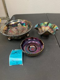 Three Iridescent Carnival Glass Bowls