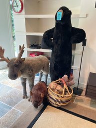 Collection Of Stuffed Animals: 5 Ft Bear, 3 Ft Moose, Basket Of Smaller Animals