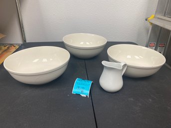 Three White Ceramic Bowls And Small Pitcher