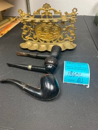 Metal Pipe Stand With Three Tobacco Estate Pipes