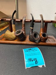 Four Tobacco Estate Pipes With Wood Pipe Stand