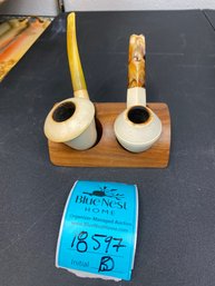 Two Meerschaum Estate Pipes And Wood Stand
