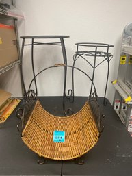 Two Metal Plant Stands And Metal And Wicker Basket
