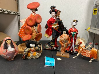 Six Japanese Doll And Horse Figure