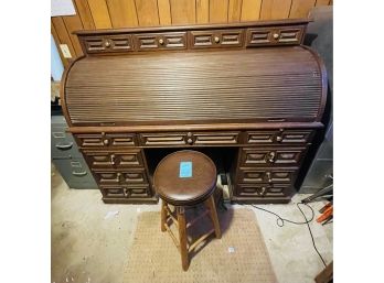 R8 Vintage Teakwood Rolltop Desk From Philippines 1974. Plus Stool