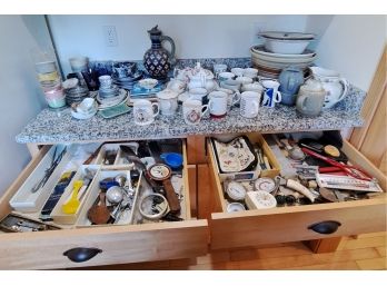 R8 Assortment Of Coffee Mugs, Serving Bowls And Trays, Floral Tea Set, Thermometers, Wine Bottle Stoppers
