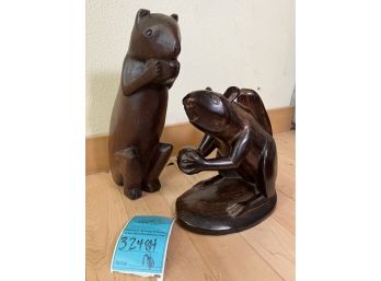 R1  Hand Carved Wood Squirrel Sculptures.   11in And 8in Tall