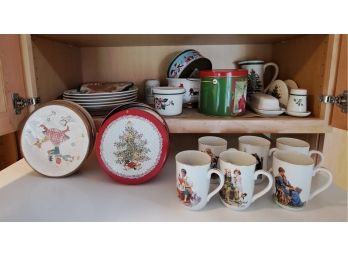 R8 Norman Rockwell Mugs, Christmas Paper Plates, Cookie Tin, Plates, Butter Container, Pitcher, Napkin Holder
