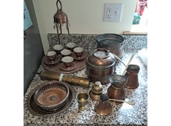 R8  Vintage Turkish Hand Hammered Copper Decorative Tray Set With Set Of 6 Cup And Saucer With Porcelain Cups