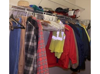 R10 Closet Lot Of What Appear To Be Mens Clothing And Accessories Such As Eddie Bauer Jackets And Coats And Ot