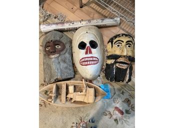 R1 Hand Carved Rustic Masks. Unknown Origin.  Native Tribes Of North America Poster And Cork Model Boat
