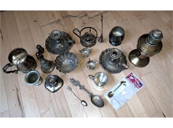 R7 Assortment Of Possible Silver Candle Holders, Bowls, Salt Cellars, Spoons, Mug, Metal Oil Lanterns Base.