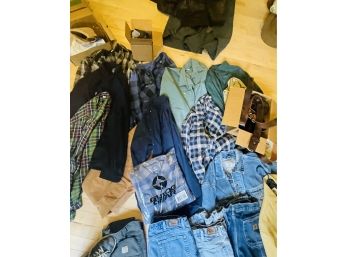 Rm7 Collection Of Mens Clothes, Coats, Suspenders, Belts, And A Coat Rack