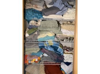 R10 Closet Linen Lot To Include Towels, Bed Linens, Closet Organizers, Waste Basket With Linens Inside