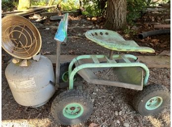R00 Garden Tractor Seat Scooter.   Extendable Handle.  Tires Low, See Photos.  Propane Tank With Heater