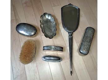 R7 Possible Silver Vanity Set Including Clothes Brushes, Mirror, Bowl And Nail Buffer