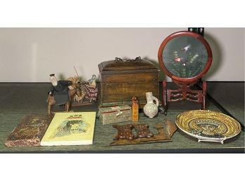 R9 Decorative Lot To Include What Appears To Be A Vintage Box, Miniature Handmade Figurines, Handcarved Asian