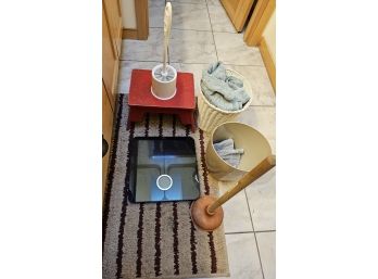 R3 Lot To Include Two Towels And Small Trash Cans, Red Step Stool, Floor Mat, Plunger, Toilet Scubber, Scale