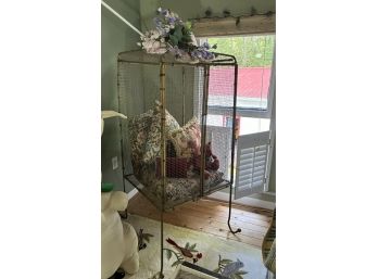 R9 Vintage Birdcage Chair With Throw Pillows, Teddy Bear, Faux Flowers And Other Decorative Items