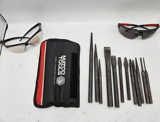 Lot Of Safety Glasses With Matchco Punch Set And Chisels