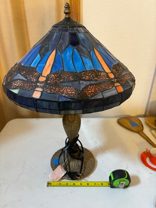Brass Lamp With Stained Glass Shade.