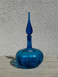 1960s Mid Century Blenko Blue Turquoise Glass 6530S Joel Myers Gourd Form Flame Stopper Decanter