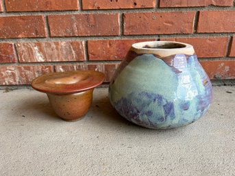 2 Unique Pottery Pieces - Small Brown With Red And Large Blue With Purple