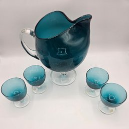 Vintage Glass Pitcher With 4 Glasses