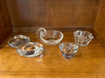 Nambe And Orrefors Candle Holders And Small Handled Signed Glass Bowl