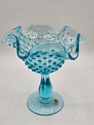 Vintage Fenton Style Hobnail Aqua Glass Blue Pedestal Ruffled Candy Dish