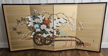 Japanese Showa Four Panel Screen Hanaguruma Flower Cart. This Showa Sold At Auction On Line $1000.00