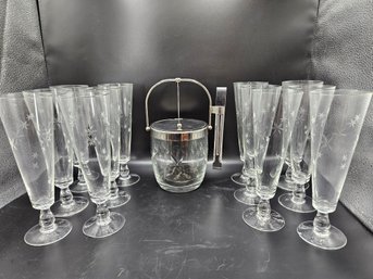 Mid Century Sasaki  Crystal Ice Bucket With Champagne Flutes