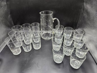 Large Vintage Mid Century Sasaki Sunburst Crystal Pitcher With Glasses Set