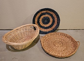 Lot Of Three Baskets With Blue Striped Basket