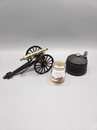 Model Of Artillery Canon With Cast Iron Pencil Sharpener, And Sand Art